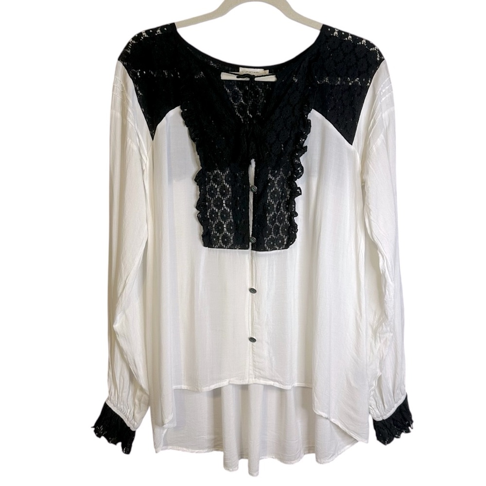 Tasha Polizzi Lace Trimmed Peasant Blouse Black White Sheer 100%‎ Rayon Small
